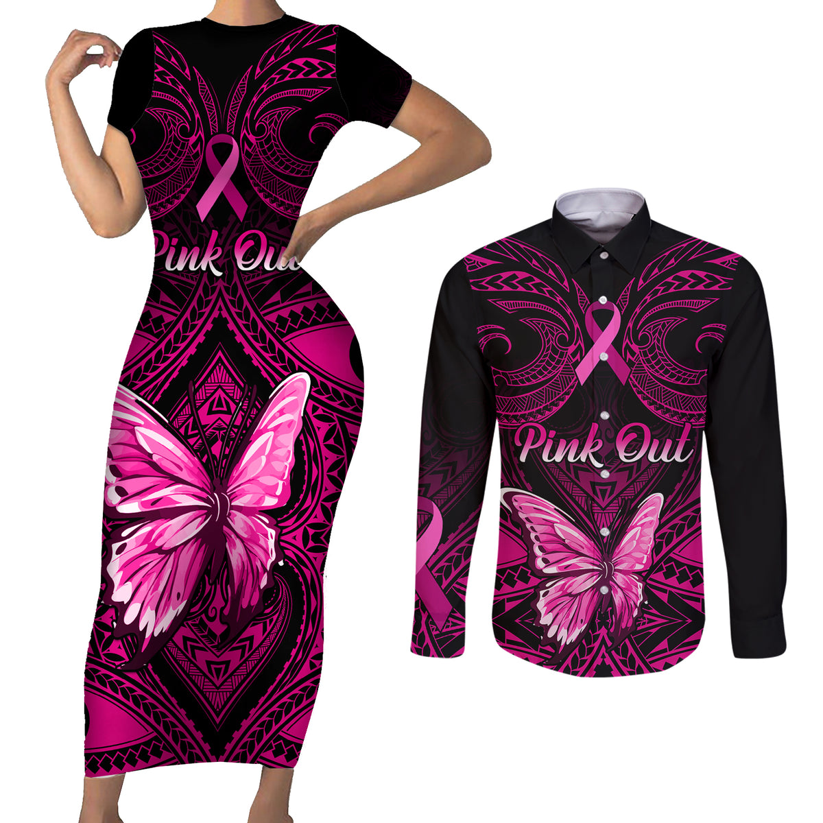 Personalised Pink Out Couples Matching Short Sleeve Bodycon Dress and Long Sleeve Button Shirts Breast Cancer Awareness Polynesian Pattern Black Version - Wonder Print Shop