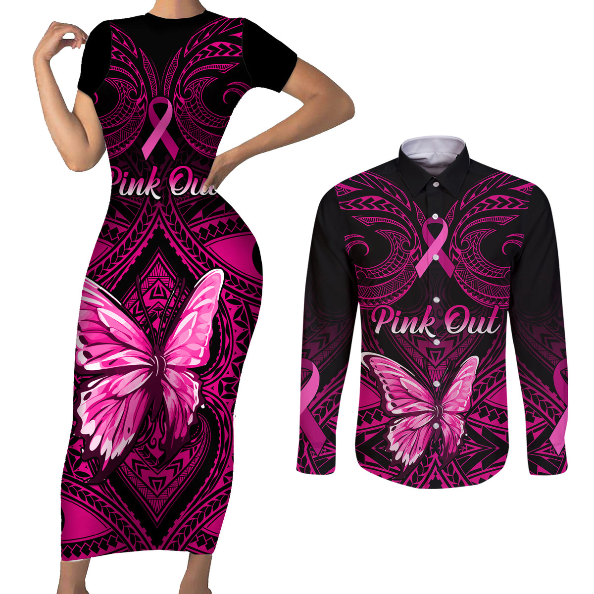 Personalised Pink Out Couples Matching Short Sleeve Bodycon Dress and Long Sleeve Button Shirts Breast Cancer Awareness Polynesian Pattern Black Version - Wonder Print Shop