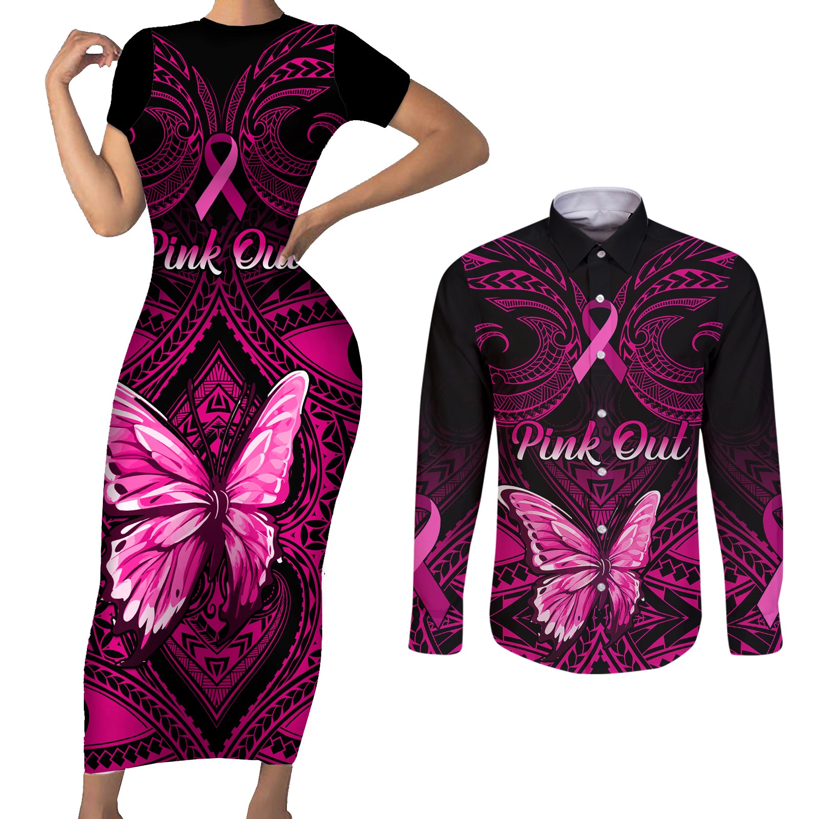 Personalised Pink Out Couples Matching Short Sleeve Bodycon Dress and Long Sleeve Button Shirts Breast Cancer Awareness Polynesian Pattern Black Version - Wonder Print Shop