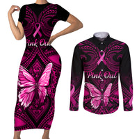 Personalised Pink Out Couples Matching Short Sleeve Bodycon Dress and Long Sleeve Button Shirts Breast Cancer Awareness Polynesian Pattern Black Version - Wonder Print Shop