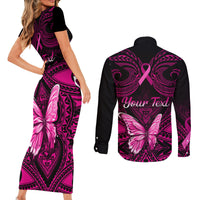 Personalised Pink Out Couples Matching Short Sleeve Bodycon Dress and Long Sleeve Button Shirts Breast Cancer Awareness Polynesian Pattern Black Version - Wonder Print Shop
