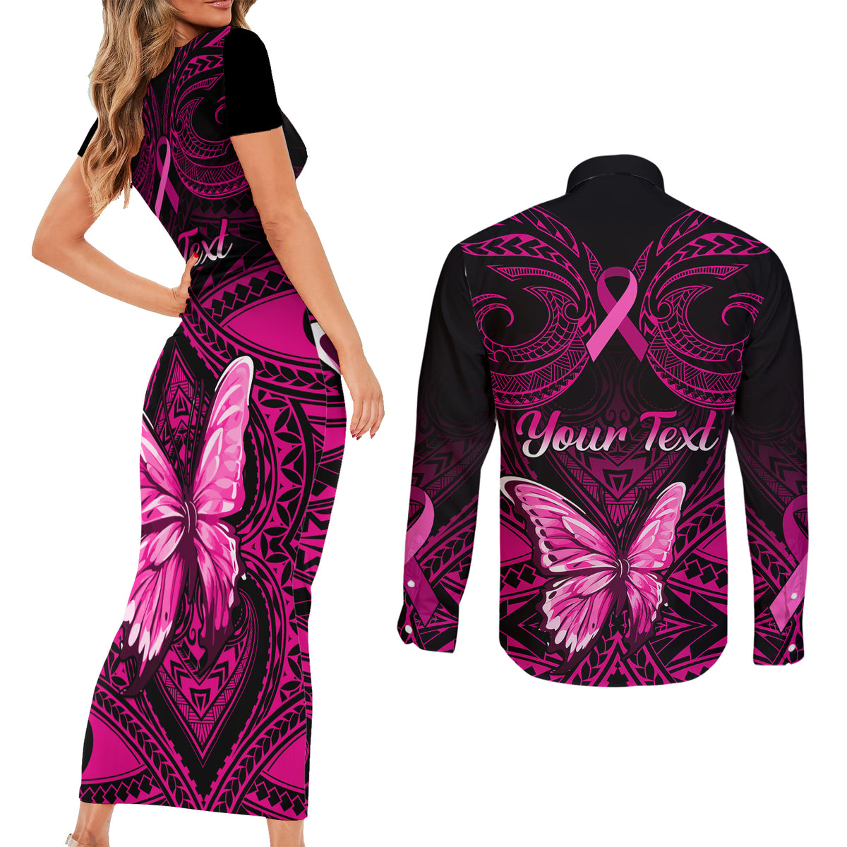 Personalised Pink Out Couples Matching Short Sleeve Bodycon Dress and Long Sleeve Button Shirts Breast Cancer Awareness Polynesian Pattern Black Version - Wonder Print Shop