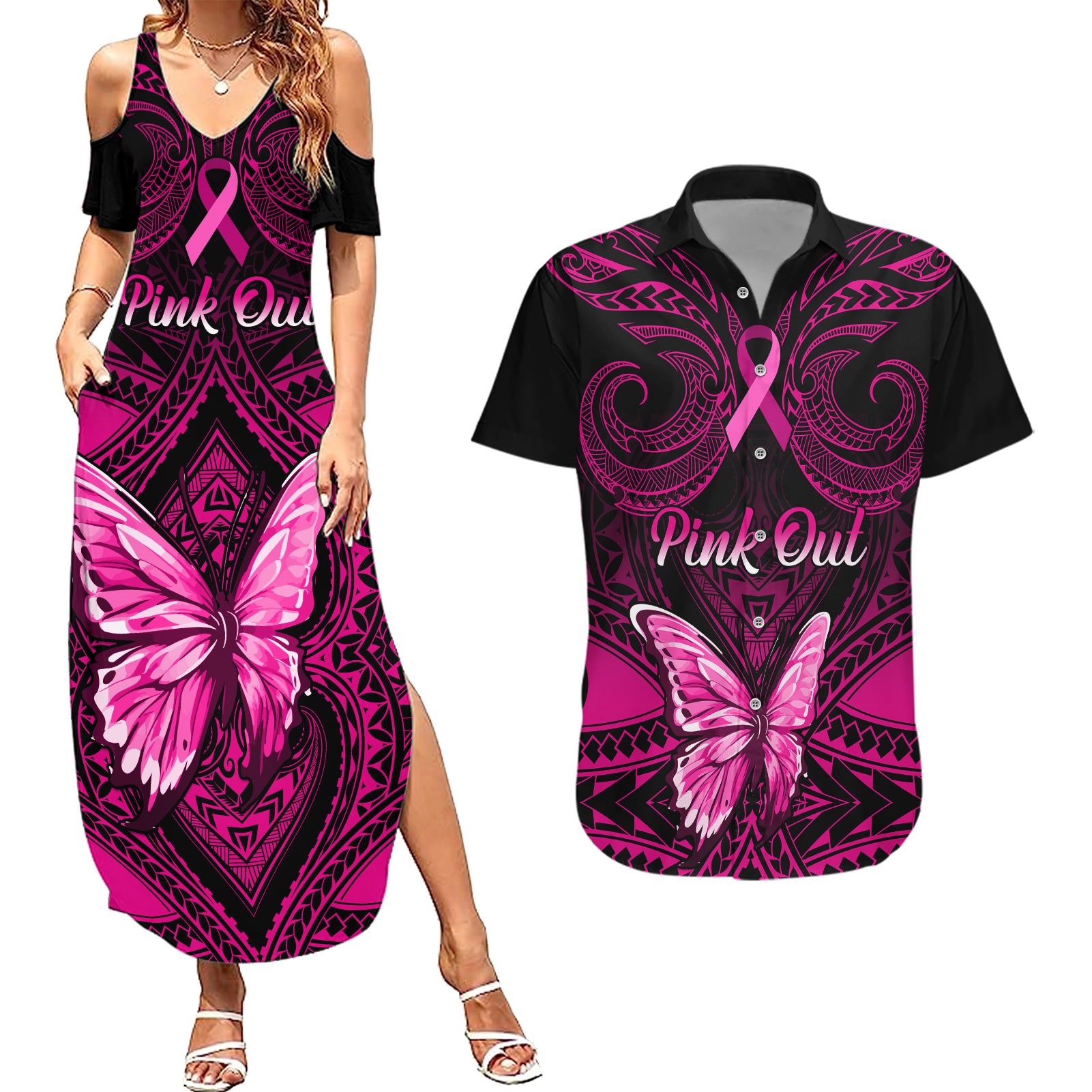 Personalised Pink Out Couples Matching Summer Maxi Dress and Hawaiian Shirt Breast Cancer Awareness Polynesian Pattern Black Version - Wonder Print Shop