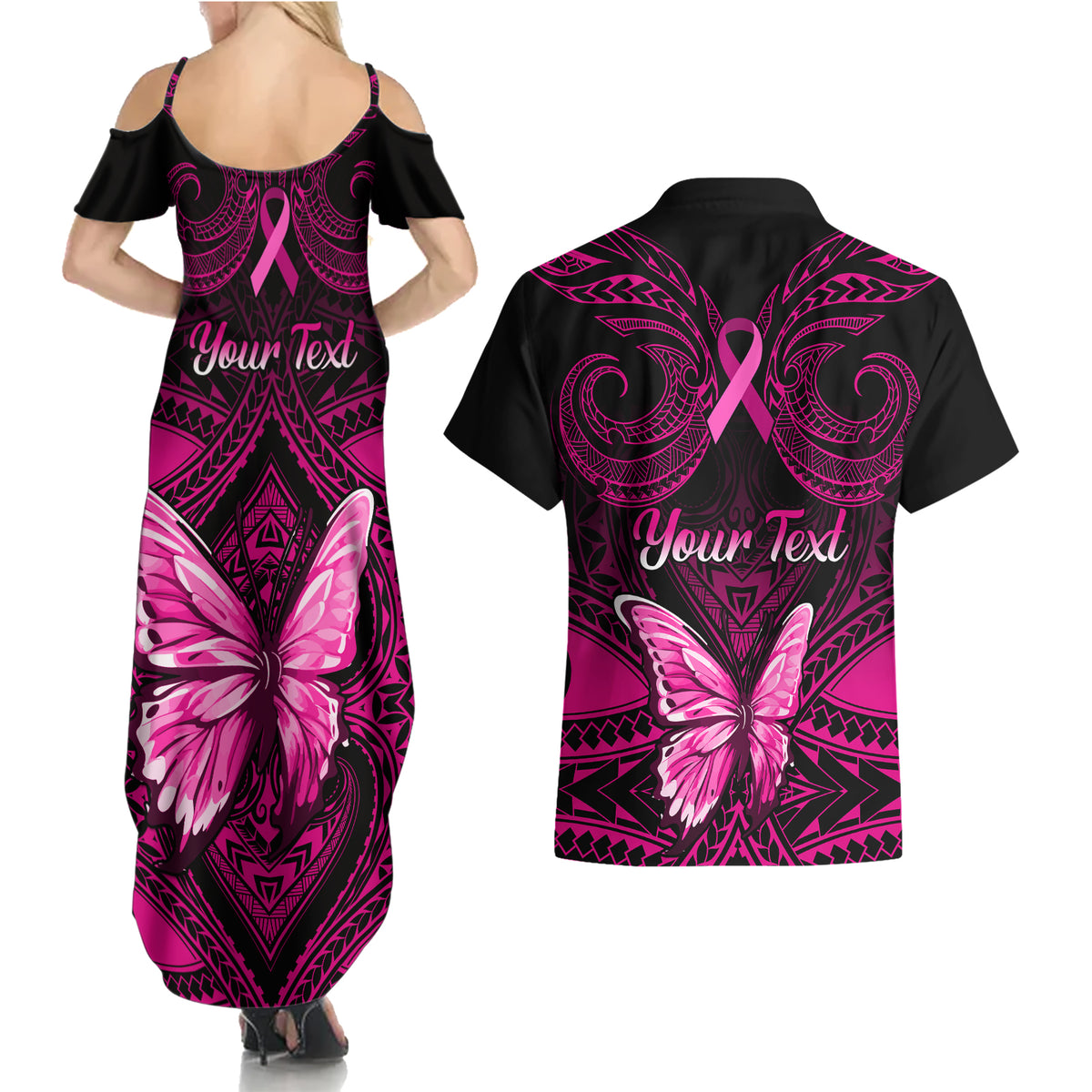 Personalised Pink Out Couples Matching Summer Maxi Dress and Hawaiian Shirt Breast Cancer Awareness Polynesian Pattern Black Version - Wonder Print Shop
