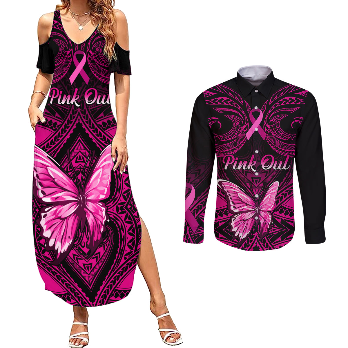 Personalised Pink Out Couples Matching Summer Maxi Dress and Long Sleeve Button Shirts Breast Cancer Awareness Polynesian Pattern Black Version - Wonder Print Shop