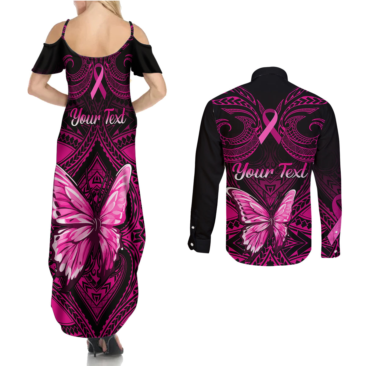 Personalised Pink Out Couples Matching Summer Maxi Dress and Long Sleeve Button Shirts Breast Cancer Awareness Polynesian Pattern Black Version - Wonder Print Shop
