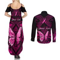 Personalised Pink Out Couples Matching Summer Maxi Dress and Long Sleeve Button Shirts Breast Cancer Awareness Polynesian Pattern Black Version - Wonder Print Shop