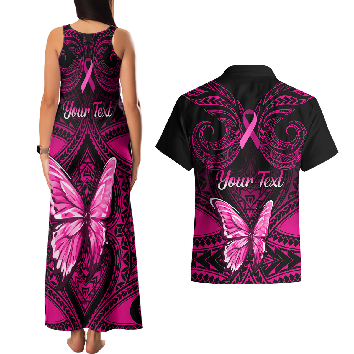 Personalised Pink Out Couples Matching Tank Maxi Dress and Hawaiian Shirt Breast Cancer Awareness Polynesian Pattern Black Version - Wonder Print Shop