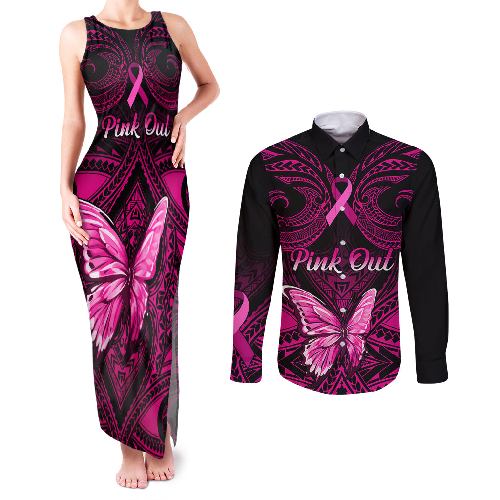 Personalised Pink Out Couples Matching Tank Maxi Dress and Long Sleeve Button Shirts Breast Cancer Awareness Polynesian Pattern Black Version - Wonder Print Shop