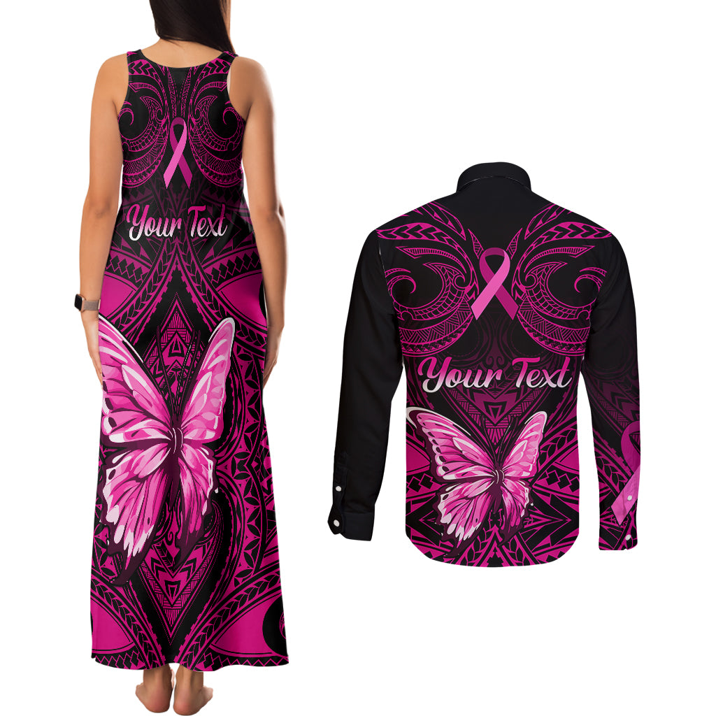 Personalised Pink Out Couples Matching Tank Maxi Dress and Long Sleeve Button Shirts Breast Cancer Awareness Polynesian Pattern Black Version - Wonder Print Shop