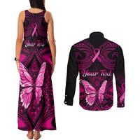 Personalised Pink Out Couples Matching Tank Maxi Dress and Long Sleeve Button Shirts Breast Cancer Awareness Polynesian Pattern Black Version - Wonder Print Shop