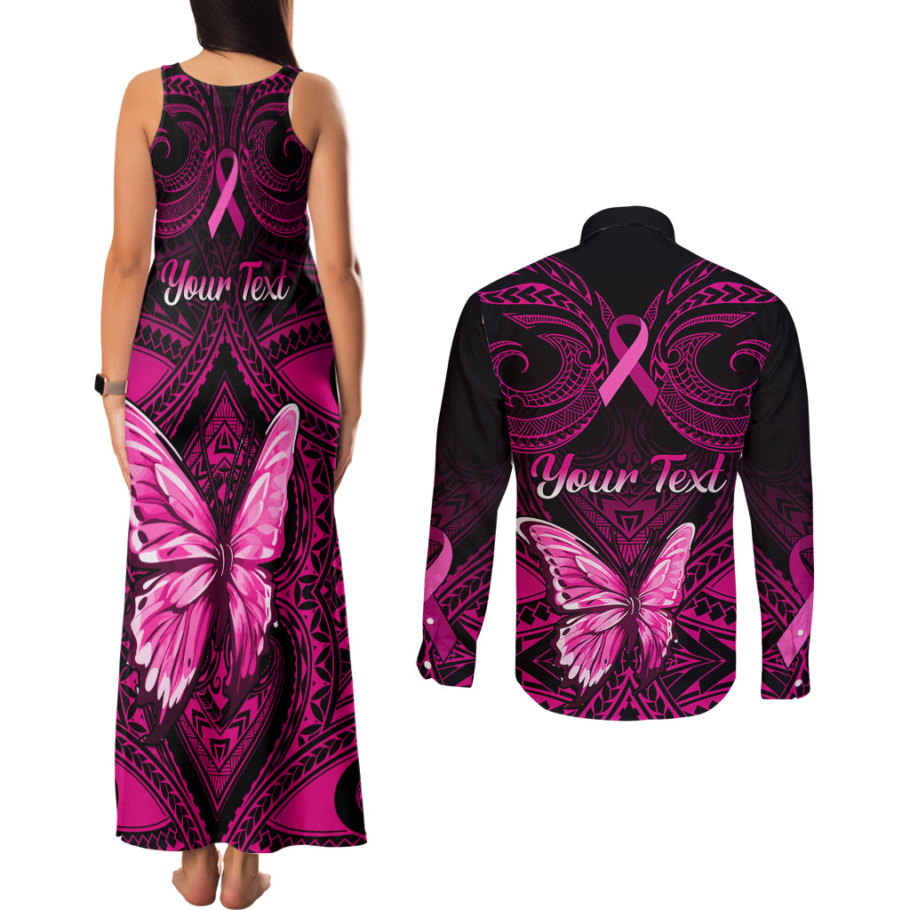 Personalised Pink Out Couples Matching Tank Maxi Dress and Long Sleeve Button Shirts Breast Cancer Awareness Polynesian Pattern Black Version - Wonder Print Shop