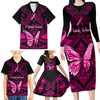 Personalised Pink Out Family Matching Long Sleeve Bodycon Dress and Hawaiian Shirt Breast Cancer Awareness Polynesian Pattern Black Version - Wonder Print Shop