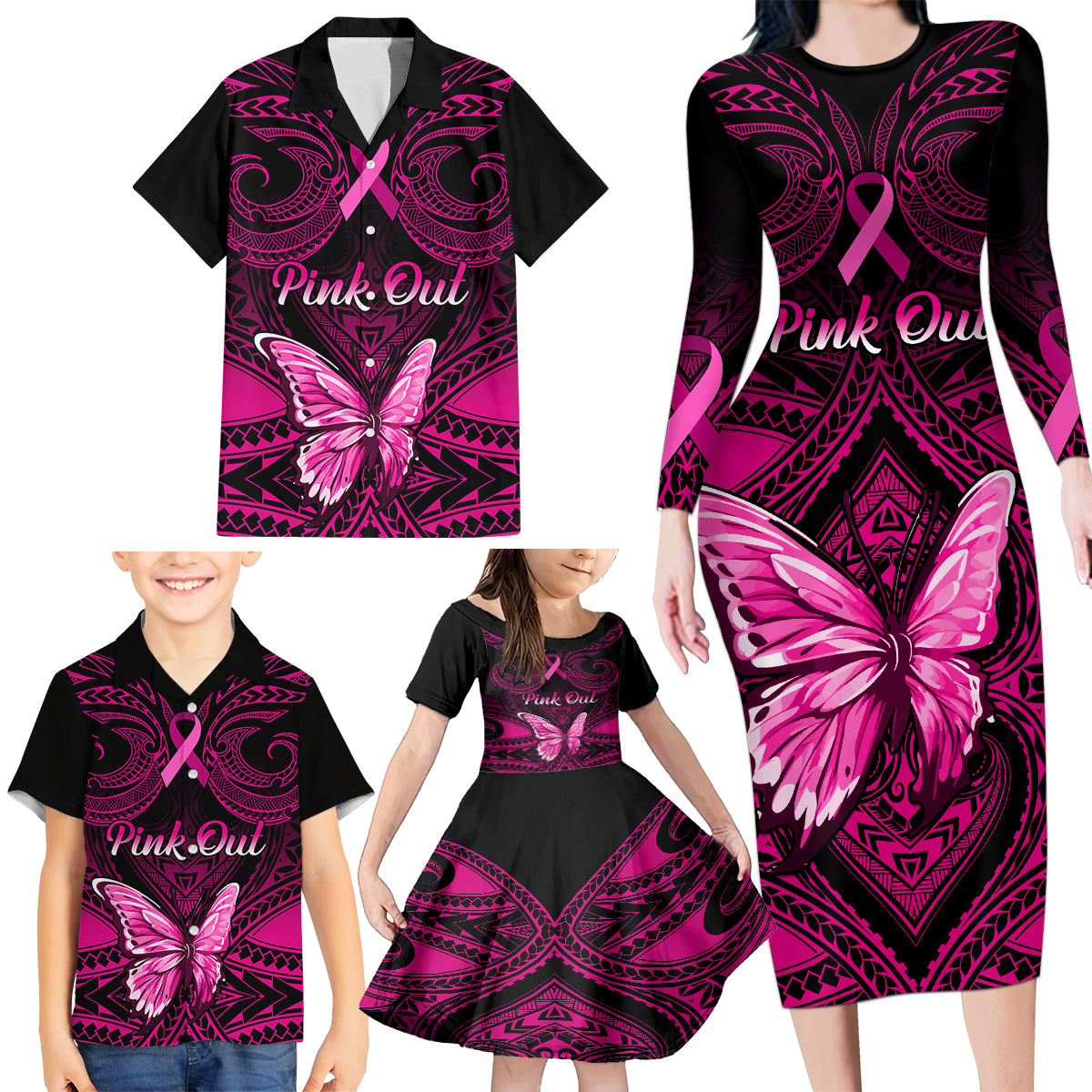 Personalised Pink Out Family Matching Long Sleeve Bodycon Dress and Hawaiian Shirt Breast Cancer Awareness Polynesian Pattern Black Version - Wonder Print Shop