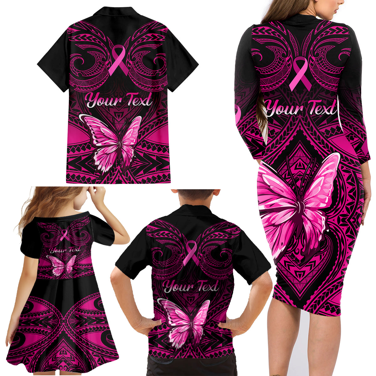 Personalised Pink Out Family Matching Long Sleeve Bodycon Dress and Hawaiian Shirt Breast Cancer Awareness Polynesian Pattern Black Version - Wonder Print Shop