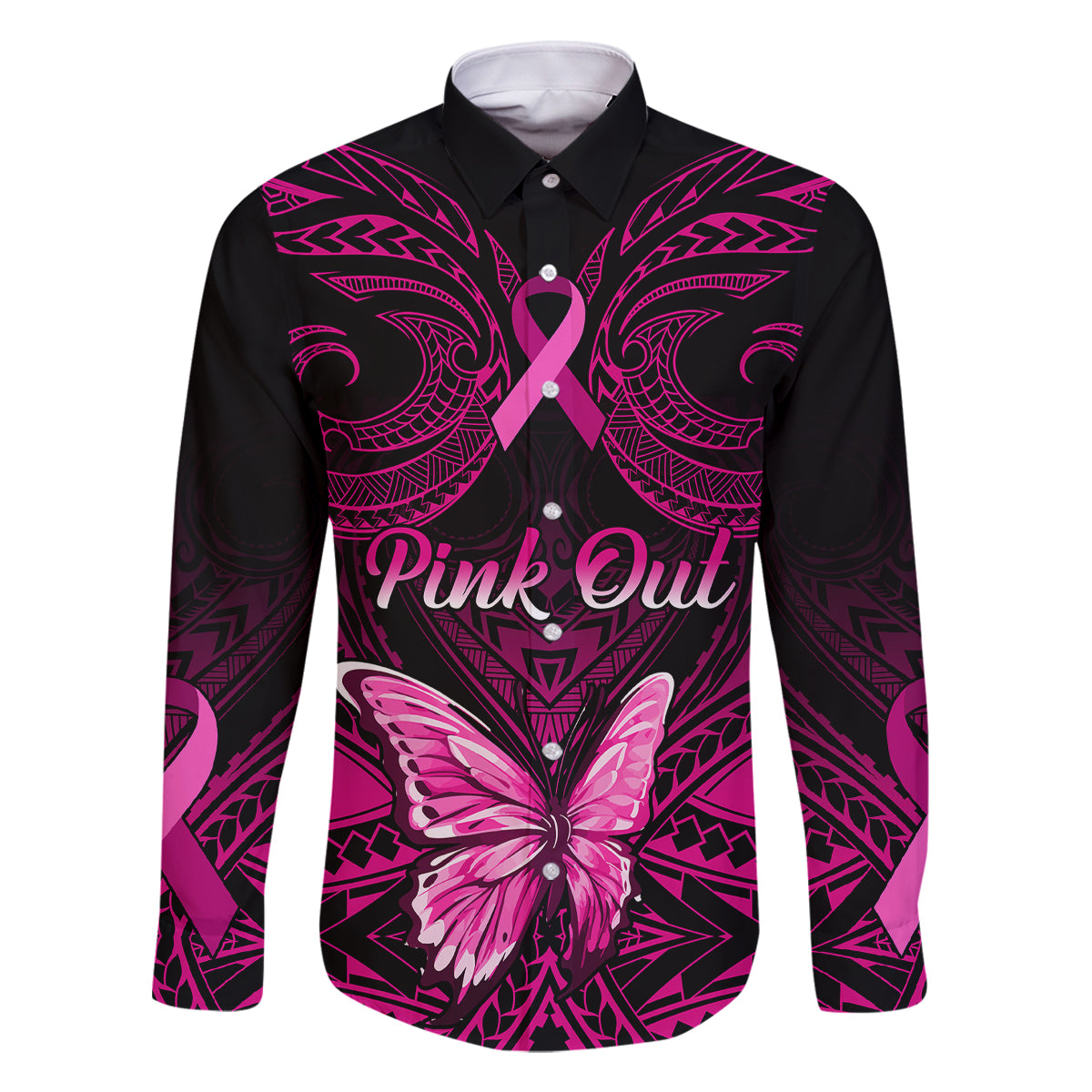 Personalised Pink Out Family Matching Long Sleeve Bodycon Dress and Hawaiian Shirt Breast Cancer Awareness Polynesian Pattern Black Version - Wonder Print Shop