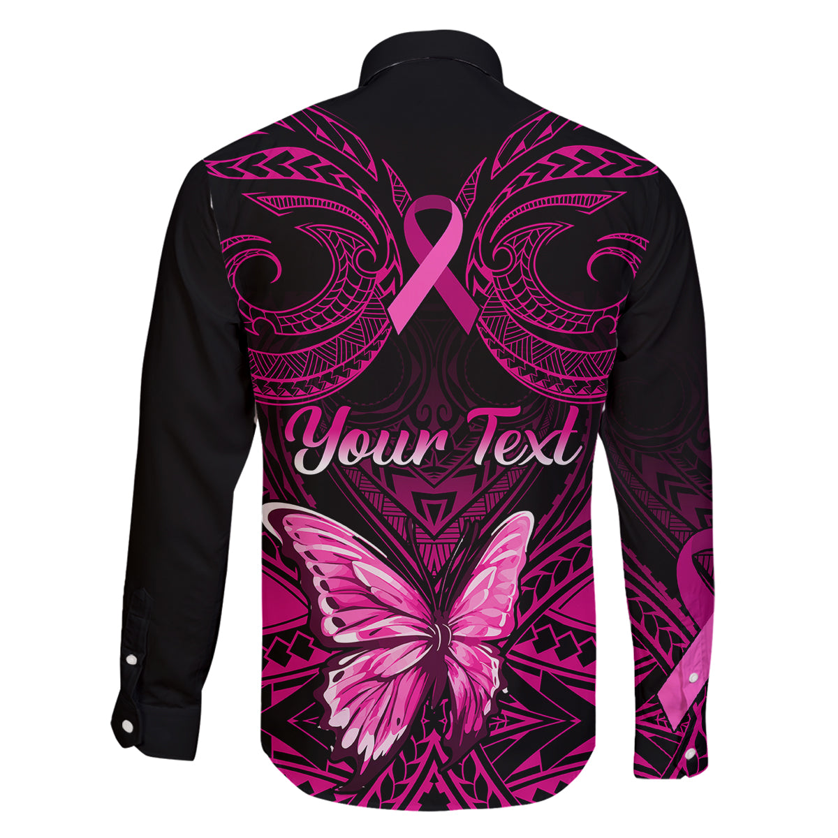 Personalised Pink Out Family Matching Long Sleeve Bodycon Dress and Hawaiian Shirt Breast Cancer Awareness Polynesian Pattern Black Version - Wonder Print Shop