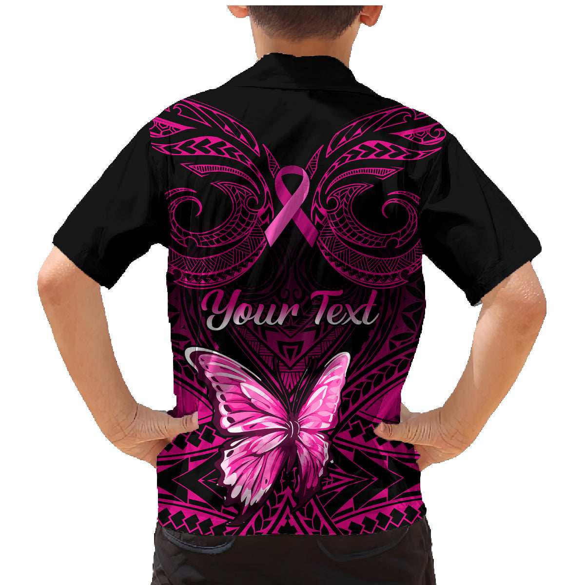 Personalised Pink Out Family Matching Mermaid Dress and Hawaiian Shirt Breast Cancer Awareness Polynesian Pattern Black Version - Wonder Print Shop