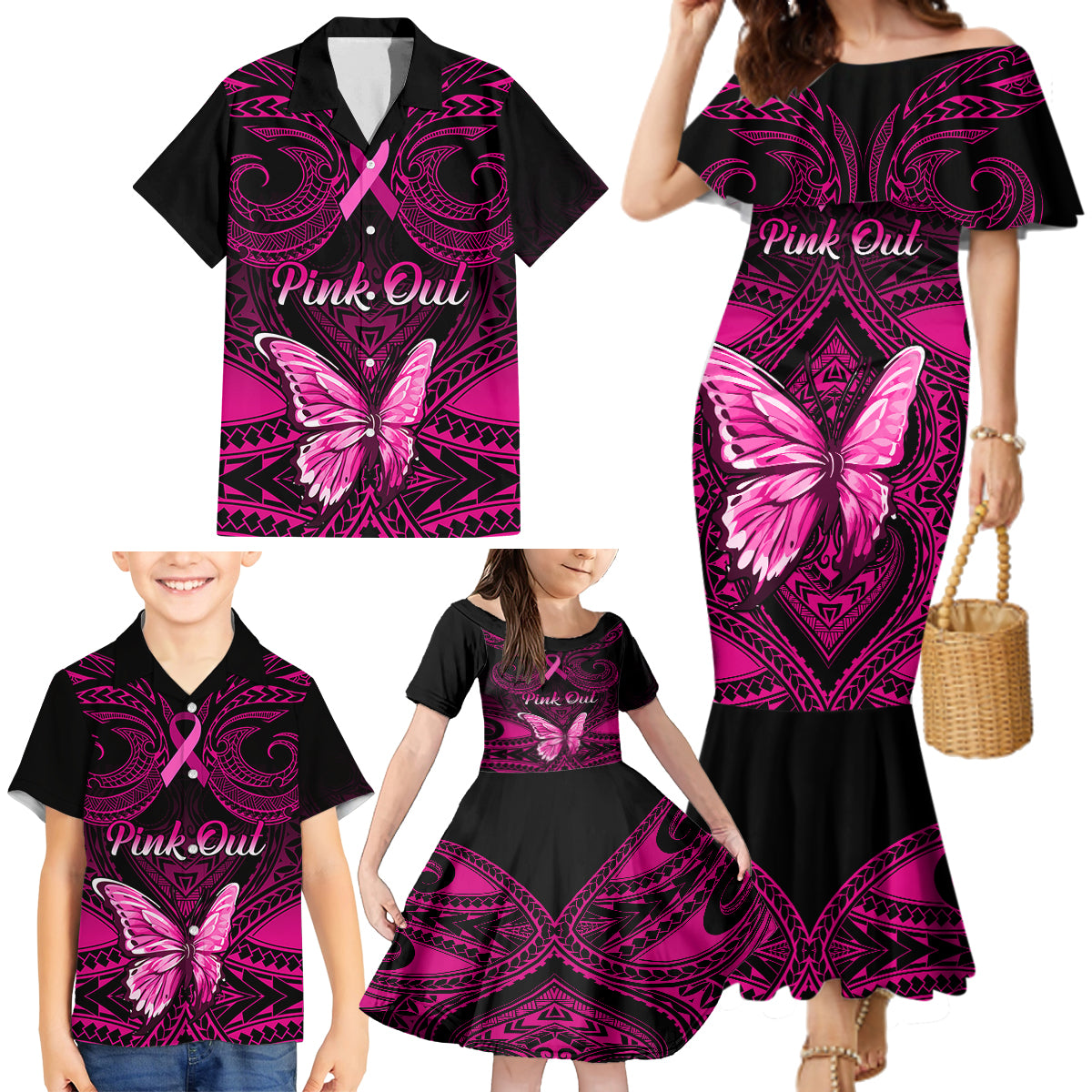 Personalised Pink Out Family Matching Mermaid Dress and Hawaiian Shirt Breast Cancer Awareness Polynesian Pattern Black Version - Wonder Print Shop