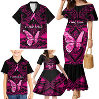 Personalised Pink Out Family Matching Mermaid Dress and Hawaiian Shirt Breast Cancer Awareness Polynesian Pattern Black Version - Wonder Print Shop