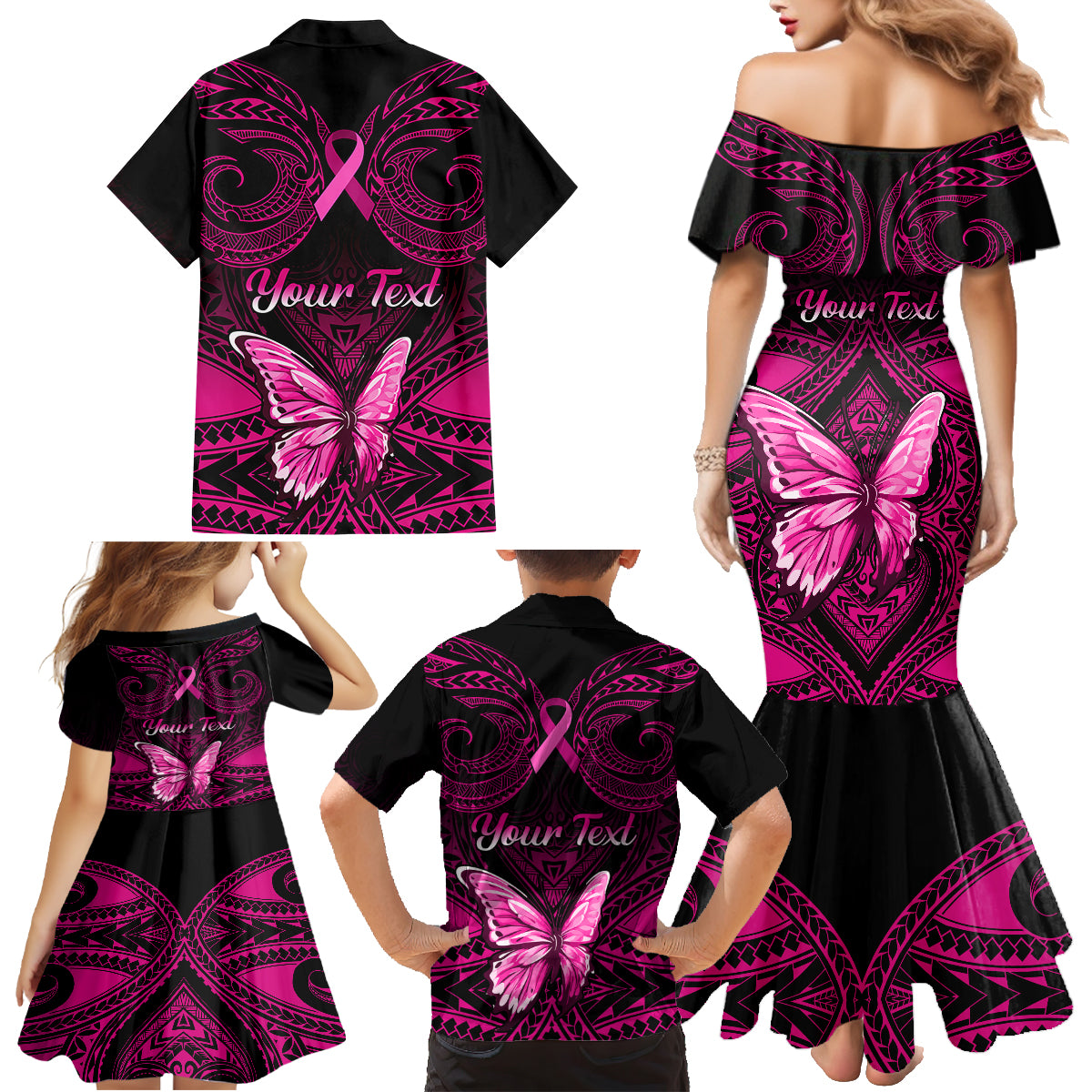 Personalised Pink Out Family Matching Mermaid Dress and Hawaiian Shirt Breast Cancer Awareness Polynesian Pattern Black Version - Wonder Print Shop