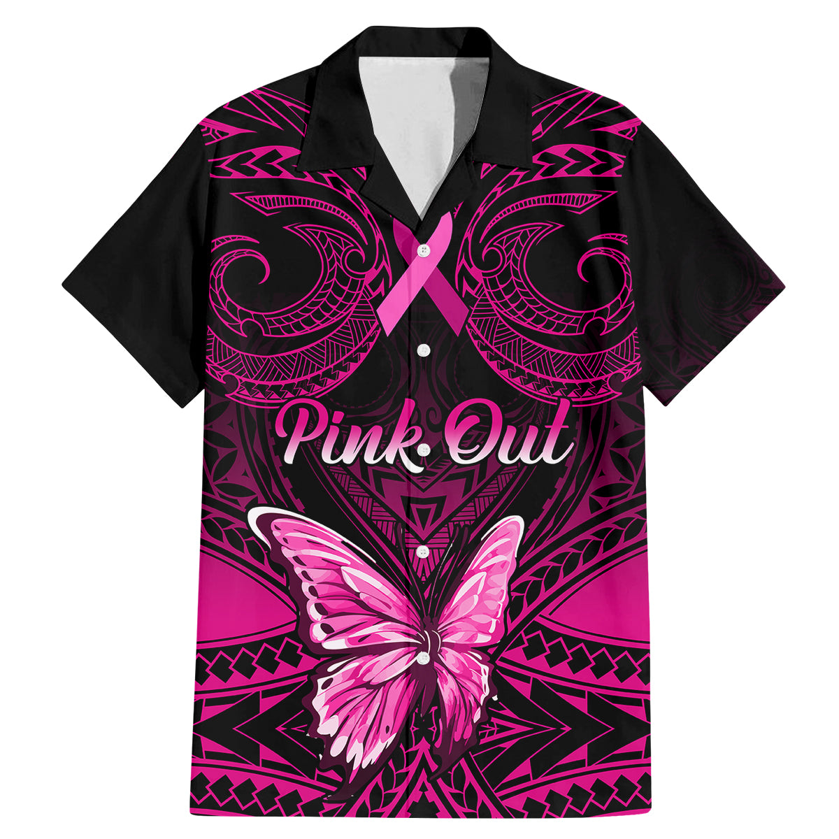 Personalised Pink Out Family Matching Mermaid Dress and Hawaiian Shirt Breast Cancer Awareness Polynesian Pattern Black Version - Wonder Print Shop