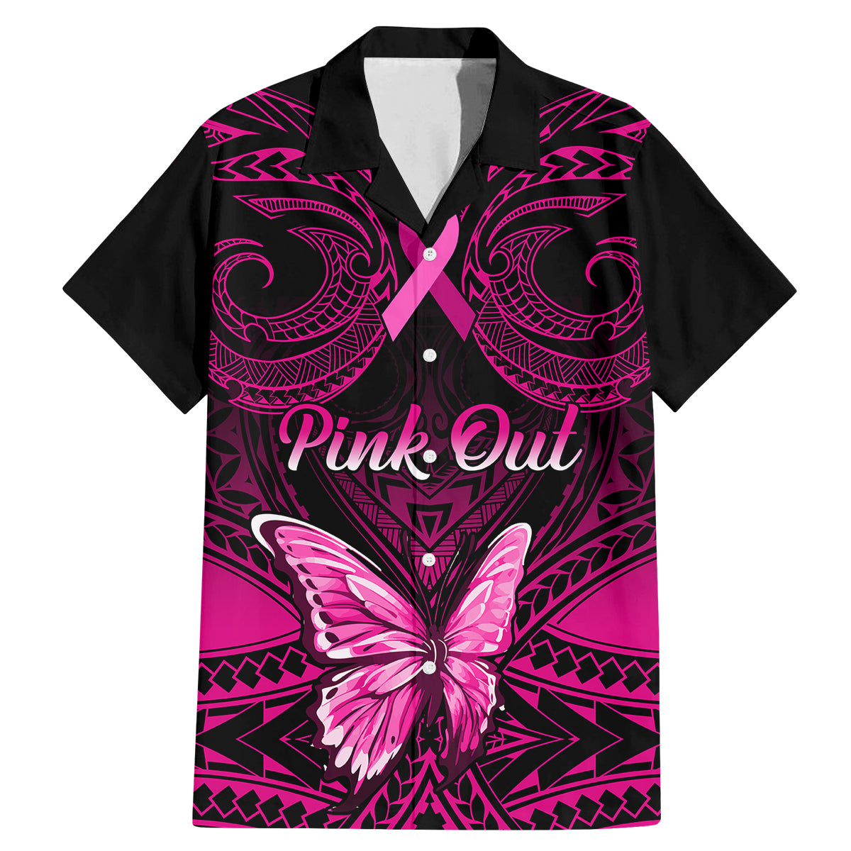 Personalised Pink Out Family Matching Mermaid Dress and Hawaiian Shirt Breast Cancer Awareness Polynesian Pattern Black Version - Wonder Print Shop