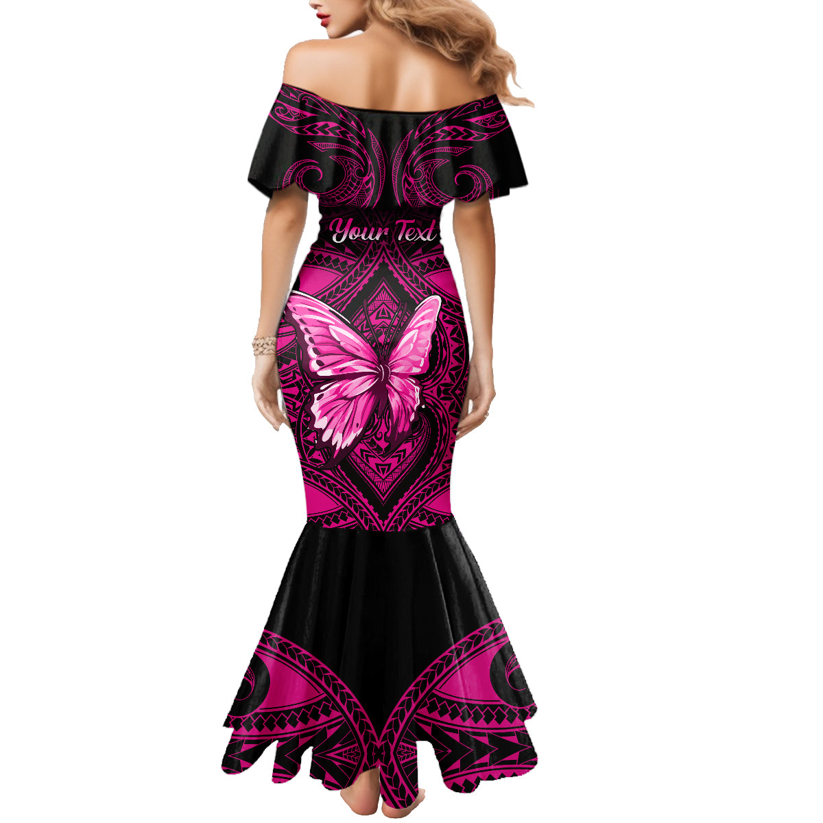 Personalised Pink Out Family Matching Mermaid Dress and Hawaiian Shirt Breast Cancer Awareness Polynesian Pattern Black Version - Wonder Print Shop