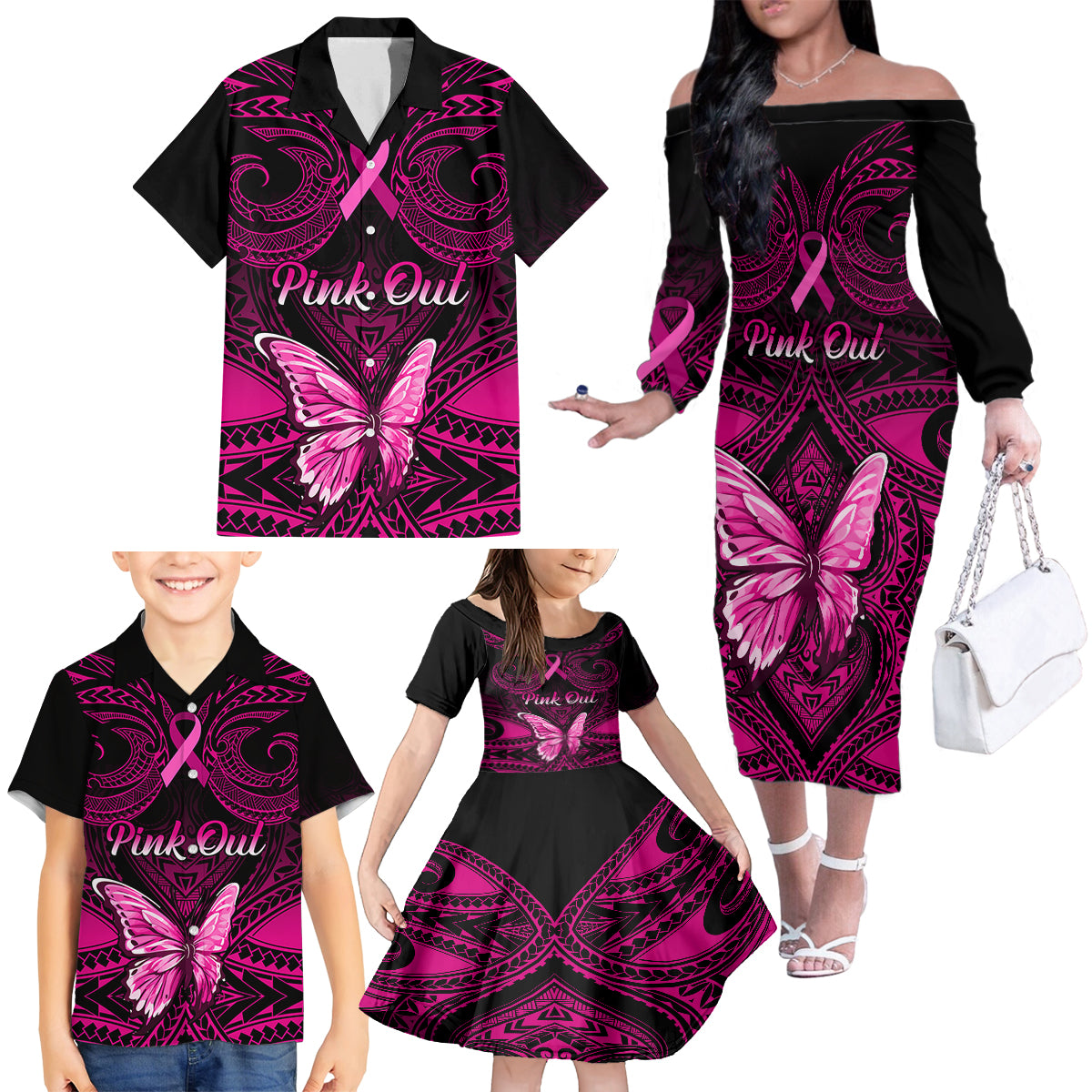 Personalised Pink Out Family Matching Off Shoulder Long Sleeve Dress and Hawaiian Shirt Breast Cancer Awareness Polynesian Pattern Black Version - Wonder Print Shop