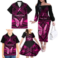 Personalised Pink Out Family Matching Off Shoulder Long Sleeve Dress and Hawaiian Shirt Breast Cancer Awareness Polynesian Pattern Black Version - Wonder Print Shop