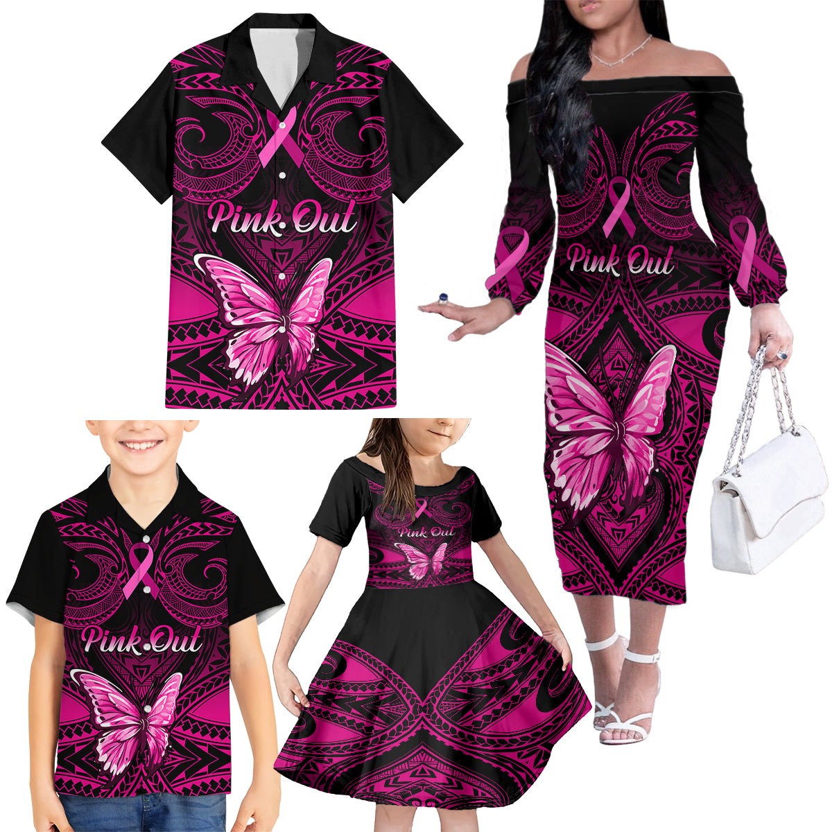 Personalised Pink Out Family Matching Off Shoulder Long Sleeve Dress and Hawaiian Shirt Breast Cancer Awareness Polynesian Pattern Black Version - Wonder Print Shop