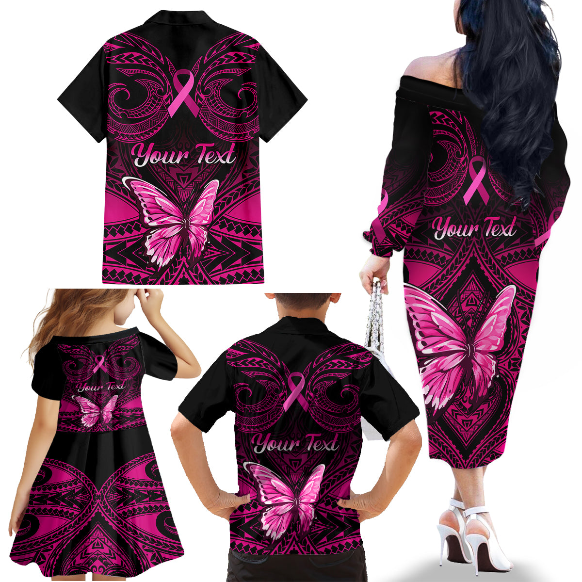 Personalised Pink Out Family Matching Off Shoulder Long Sleeve Dress and Hawaiian Shirt Breast Cancer Awareness Polynesian Pattern Black Version - Wonder Print Shop