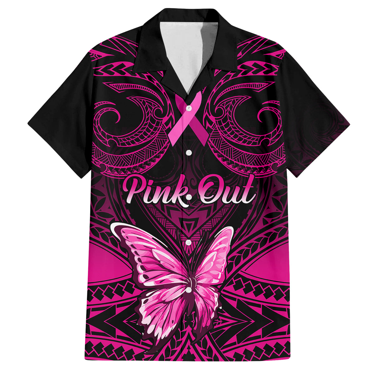 Personalised Pink Out Family Matching Off Shoulder Long Sleeve Dress and Hawaiian Shirt Breast Cancer Awareness Polynesian Pattern Black Version - Wonder Print Shop
