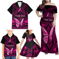Personalised Pink Out Family Matching Off Shoulder Maxi Dress and Hawaiian Shirt Breast Cancer Awareness Polynesian Pattern Black Version - Wonder Print Shop