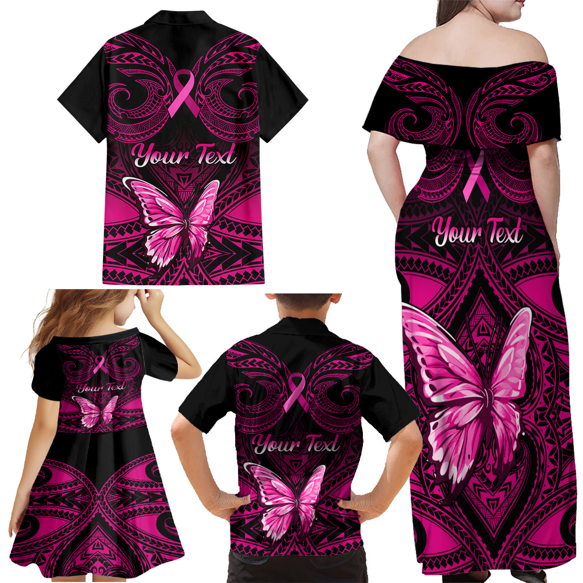 Personalised Pink Out Family Matching Off Shoulder Maxi Dress and Hawaiian Shirt Breast Cancer Awareness Polynesian Pattern Black Version - Wonder Print Shop