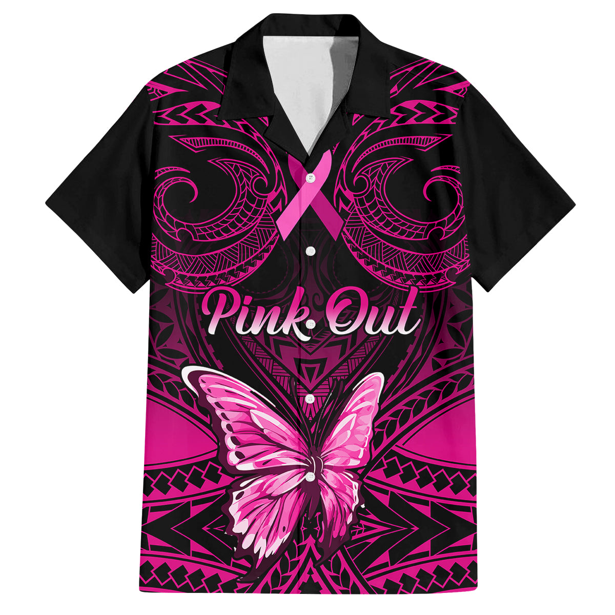 Personalised Pink Out Family Matching Off Shoulder Maxi Dress and Hawaiian Shirt Breast Cancer Awareness Polynesian Pattern Black Version - Wonder Print Shop