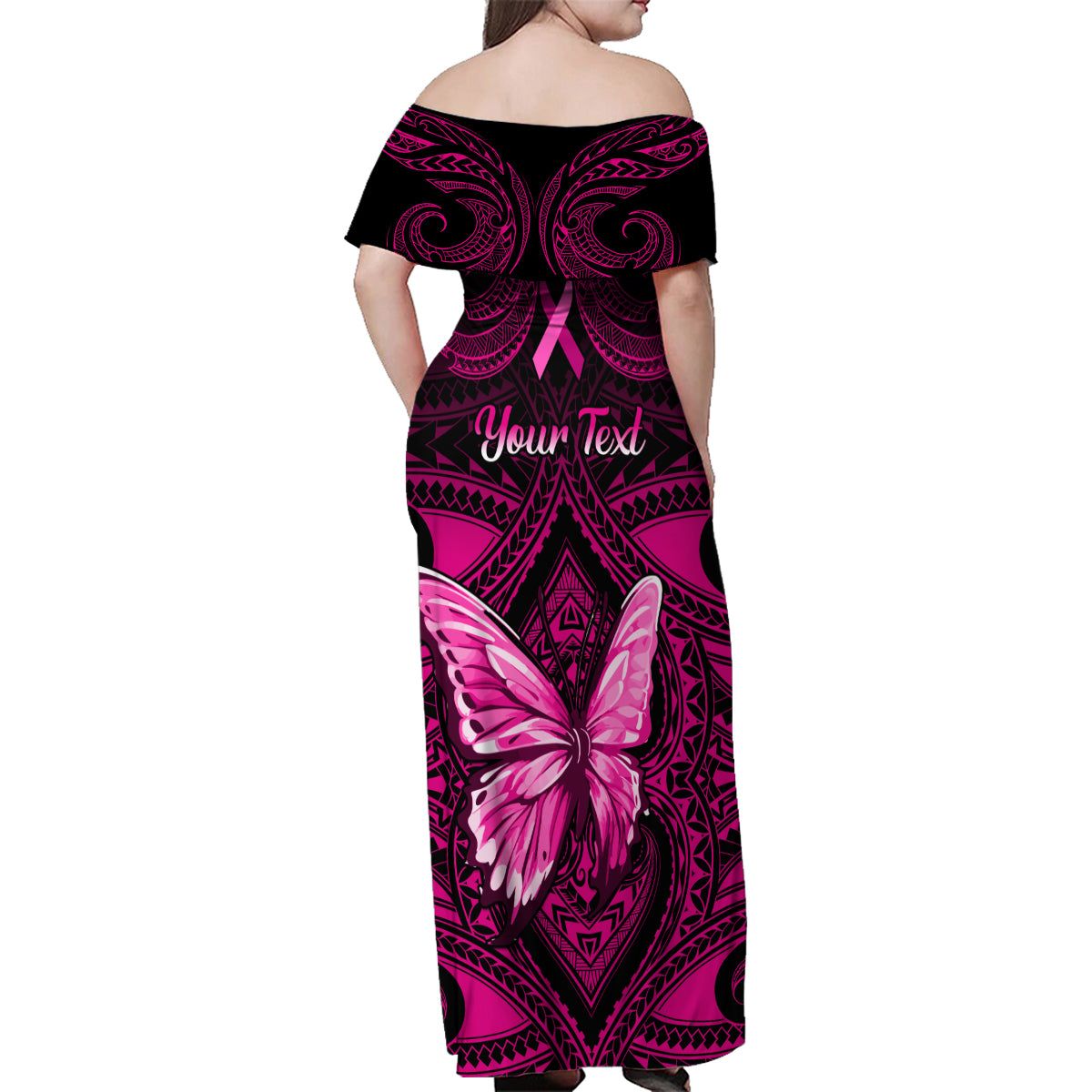 Personalised Pink Out Family Matching Off Shoulder Maxi Dress and Hawaiian Shirt Breast Cancer Awareness Polynesian Pattern Black Version - Wonder Print Shop