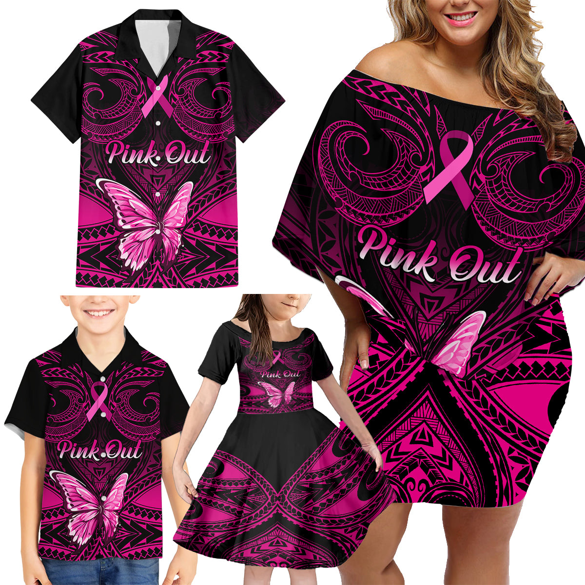 Personalised Pink Out Family Matching Off Shoulder Short Dress and Hawaiian Shirt Breast Cancer Awareness Polynesian Pattern Black Version - Wonder Print Shop
