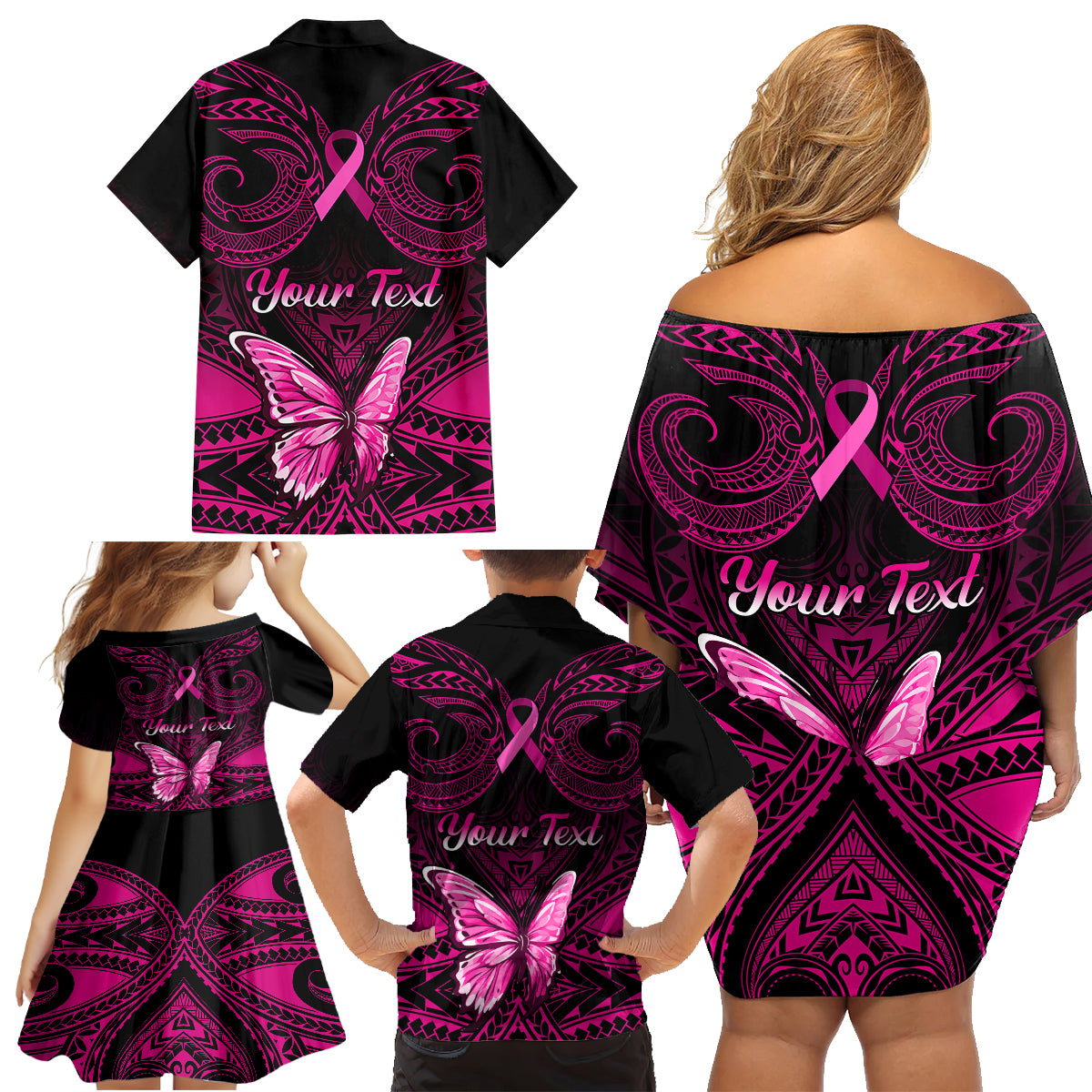 Personalised Pink Out Family Matching Off Shoulder Short Dress and Hawaiian Shirt Breast Cancer Awareness Polynesian Pattern Black Version - Wonder Print Shop