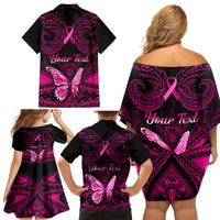Personalised Pink Out Family Matching Off Shoulder Short Dress and Hawaiian Shirt Breast Cancer Awareness Polynesian Pattern Black Version - Wonder Print Shop