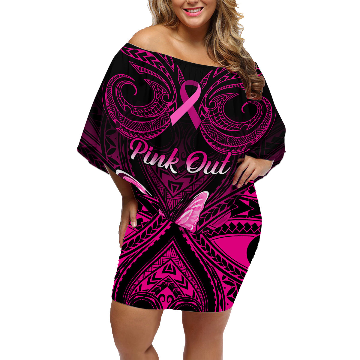 Personalised Pink Out Family Matching Off Shoulder Short Dress and Hawaiian Shirt Breast Cancer Awareness Polynesian Pattern Black Version - Wonder Print Shop