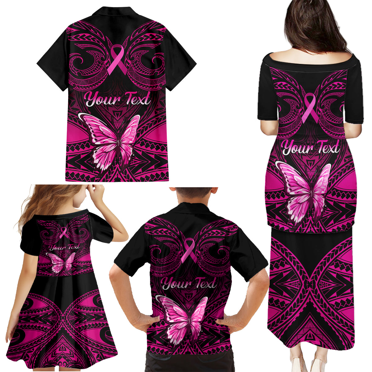 Personalised Pink Out Family Matching Puletasi Dress and Hawaiian Shirt Breast Cancer Awareness Polynesian Pattern Black Version - Wonder Print Shop