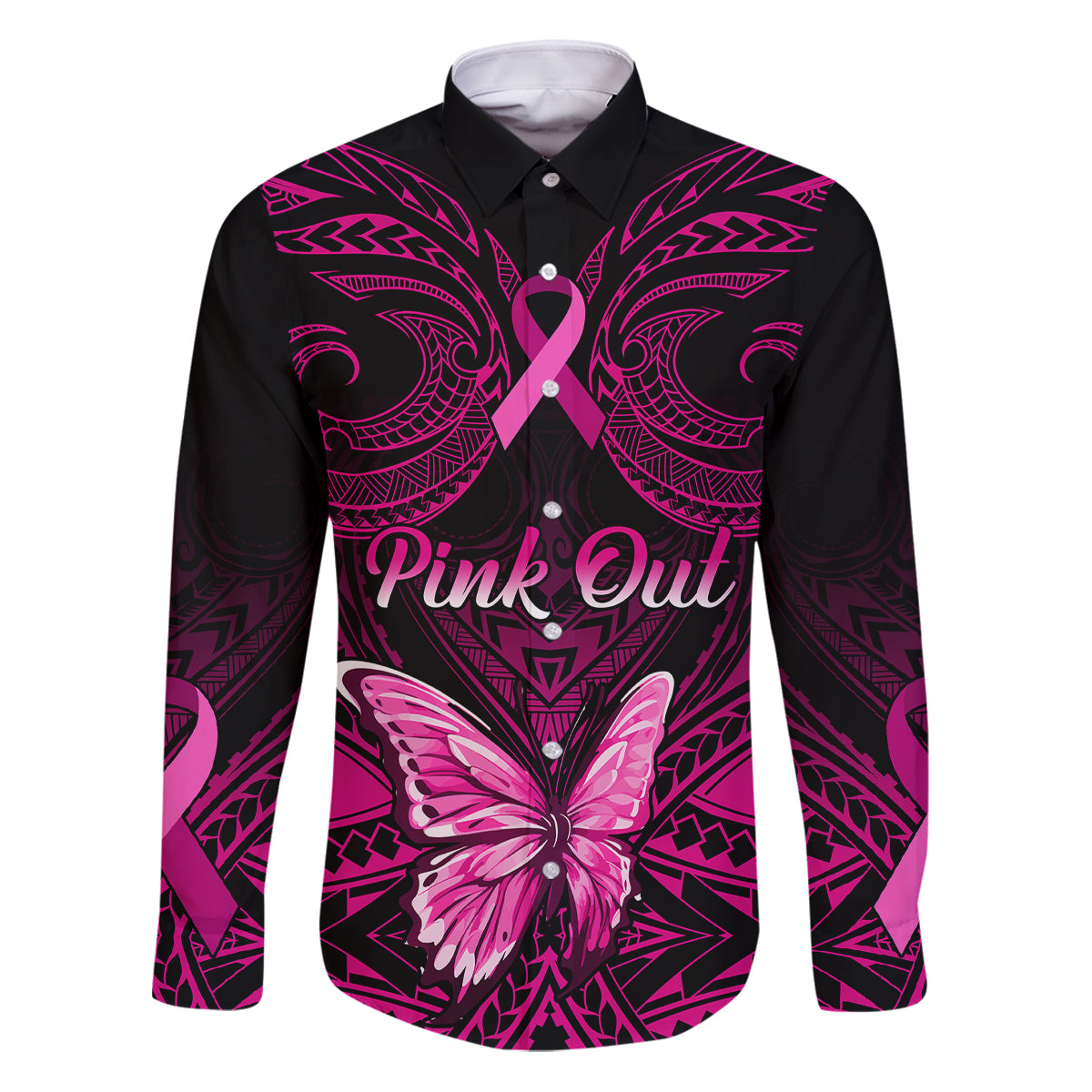 Personalised Pink Out Family Matching Puletasi Dress and Hawaiian Shirt Breast Cancer Awareness Polynesian Pattern Black Version - Wonder Print Shop