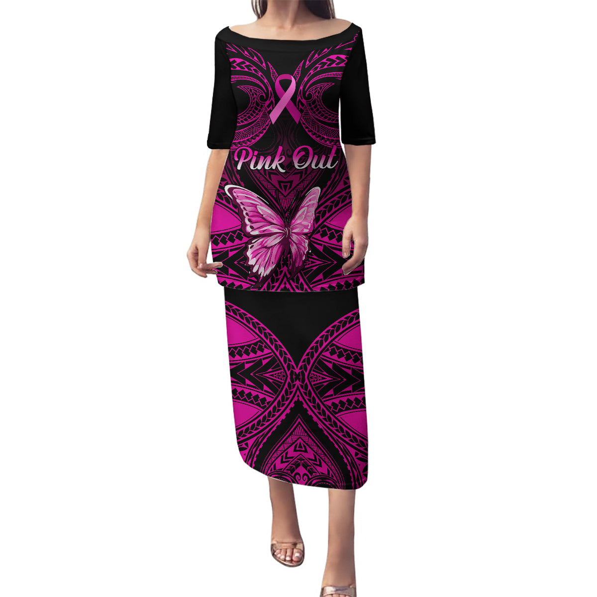Personalised Pink Out Family Matching Puletasi Dress and Hawaiian Shirt Breast Cancer Awareness Polynesian Pattern Black Version - Wonder Print Shop