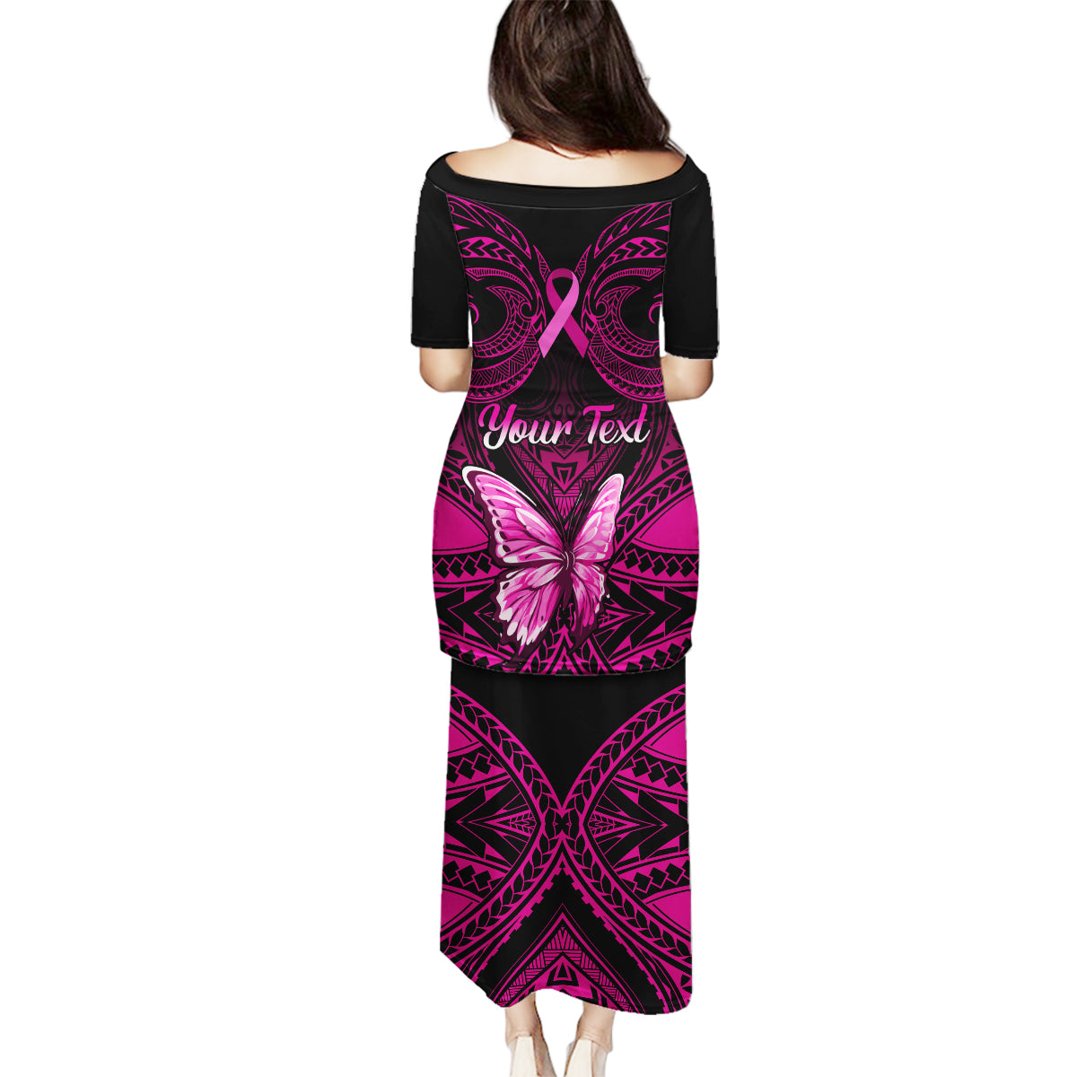 Personalised Pink Out Family Matching Puletasi Dress and Hawaiian Shirt Breast Cancer Awareness Polynesian Pattern Black Version - Wonder Print Shop