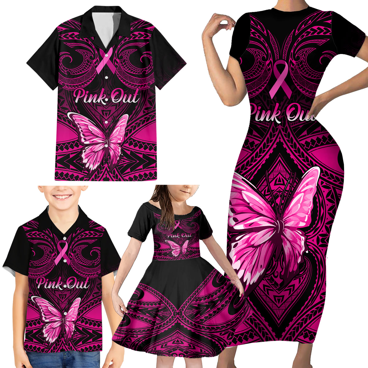 Personalised Pink Out Family Matching Short Sleeve Bodycon Dress and Hawaiian Shirt Breast Cancer Awareness Polynesian Pattern Black Version - Wonder Print Shop