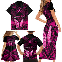 Personalised Pink Out Family Matching Short Sleeve Bodycon Dress and Hawaiian Shirt Breast Cancer Awareness Polynesian Pattern Black Version - Wonder Print Shop