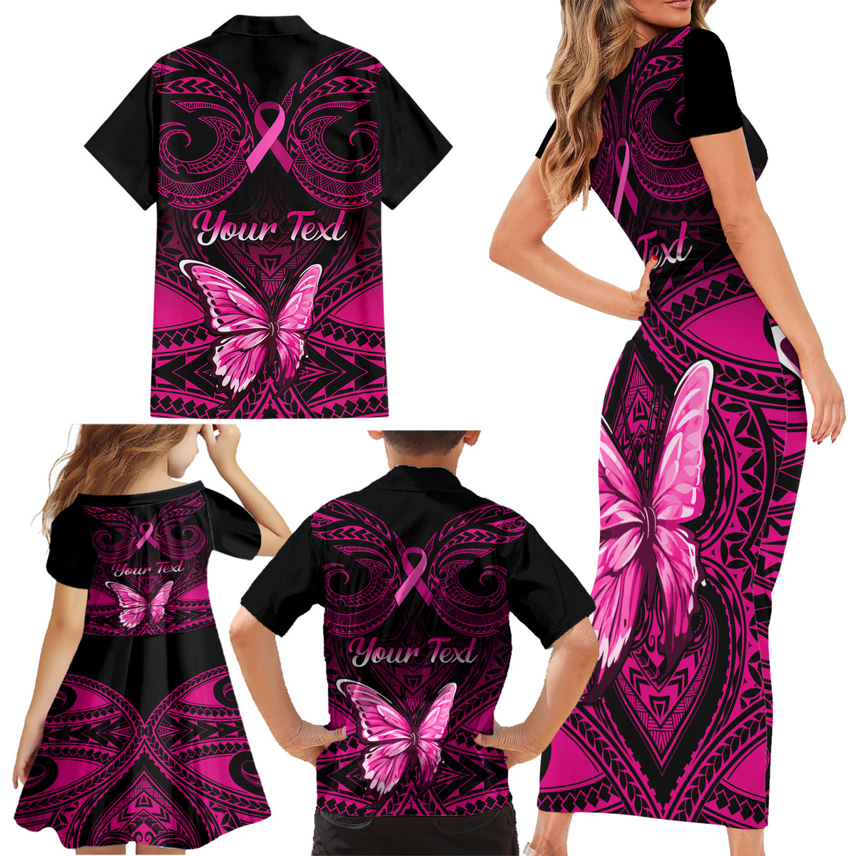 Personalised Pink Out Family Matching Short Sleeve Bodycon Dress and Hawaiian Shirt Breast Cancer Awareness Polynesian Pattern Black Version - Wonder Print Shop