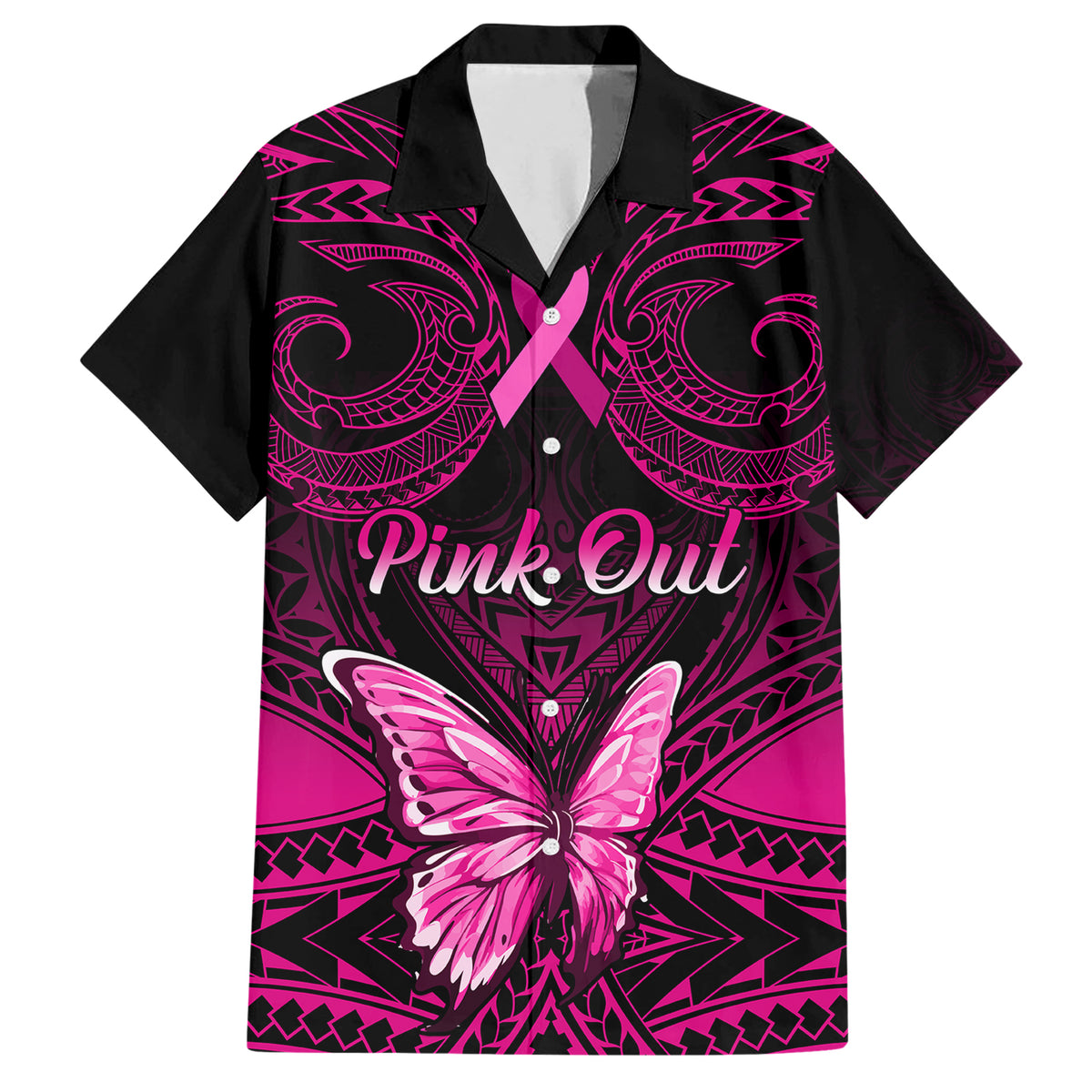 Personalised Pink Out Family Matching Short Sleeve Bodycon Dress and Hawaiian Shirt Breast Cancer Awareness Polynesian Pattern Black Version - Wonder Print Shop