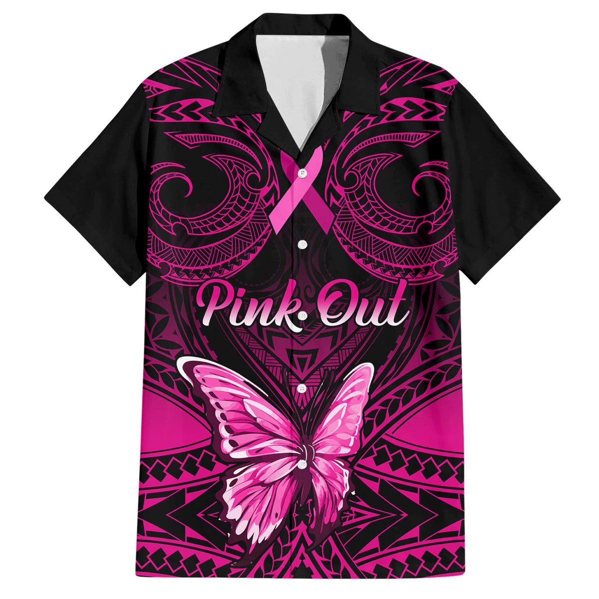 Personalised Pink Out Family Matching Short Sleeve Bodycon Dress and Hawaiian Shirt Breast Cancer Awareness Polynesian Pattern Black Version - Wonder Print Shop